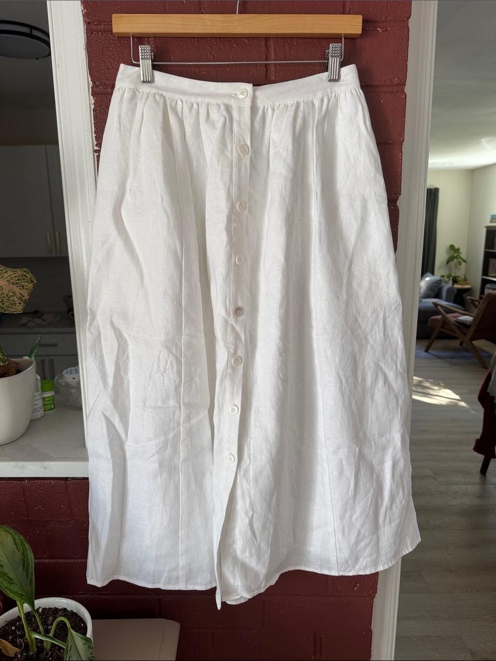 Reformation White Button-Front 100% Linen Midi Skirt Size 6
